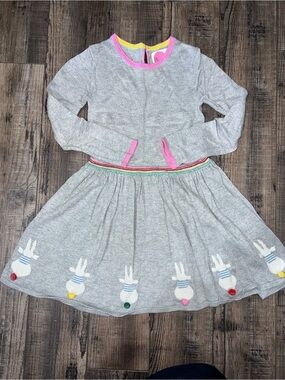 Mini Boden Girls' Gray Bunny Trim Long-Sleeve Dress - Pink Accents